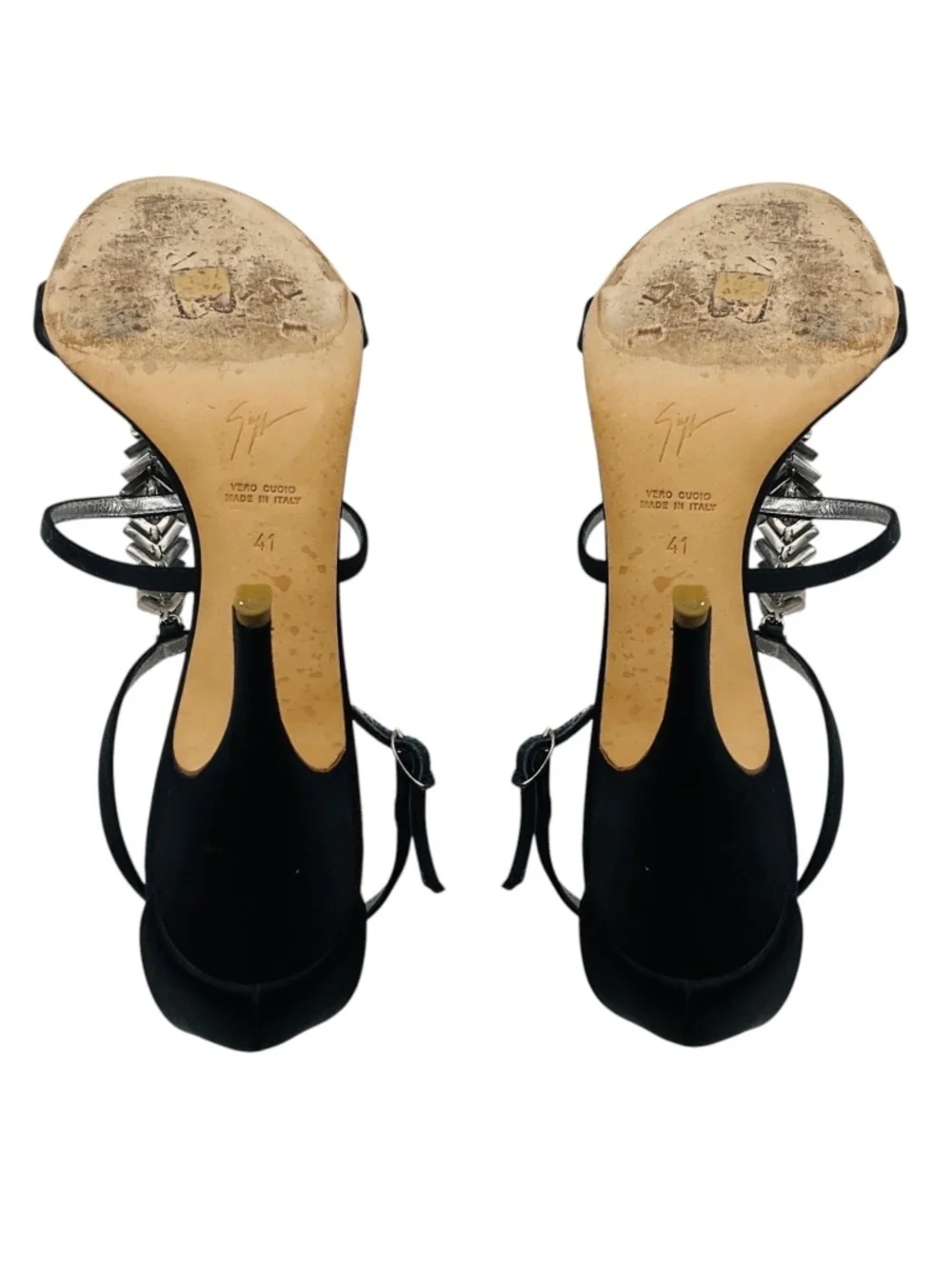 GIUSEPPE ZANOTTI BLACK CRYSTAL EMBELLISHED STRAPPY SATIN SANDALS